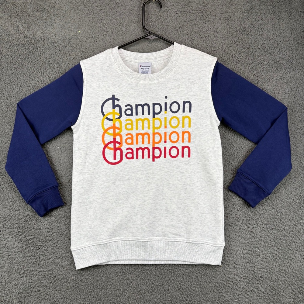 Champion Kids Heather White Navy Blue Raglan Crewneck Sweatshirt Size M 10/12